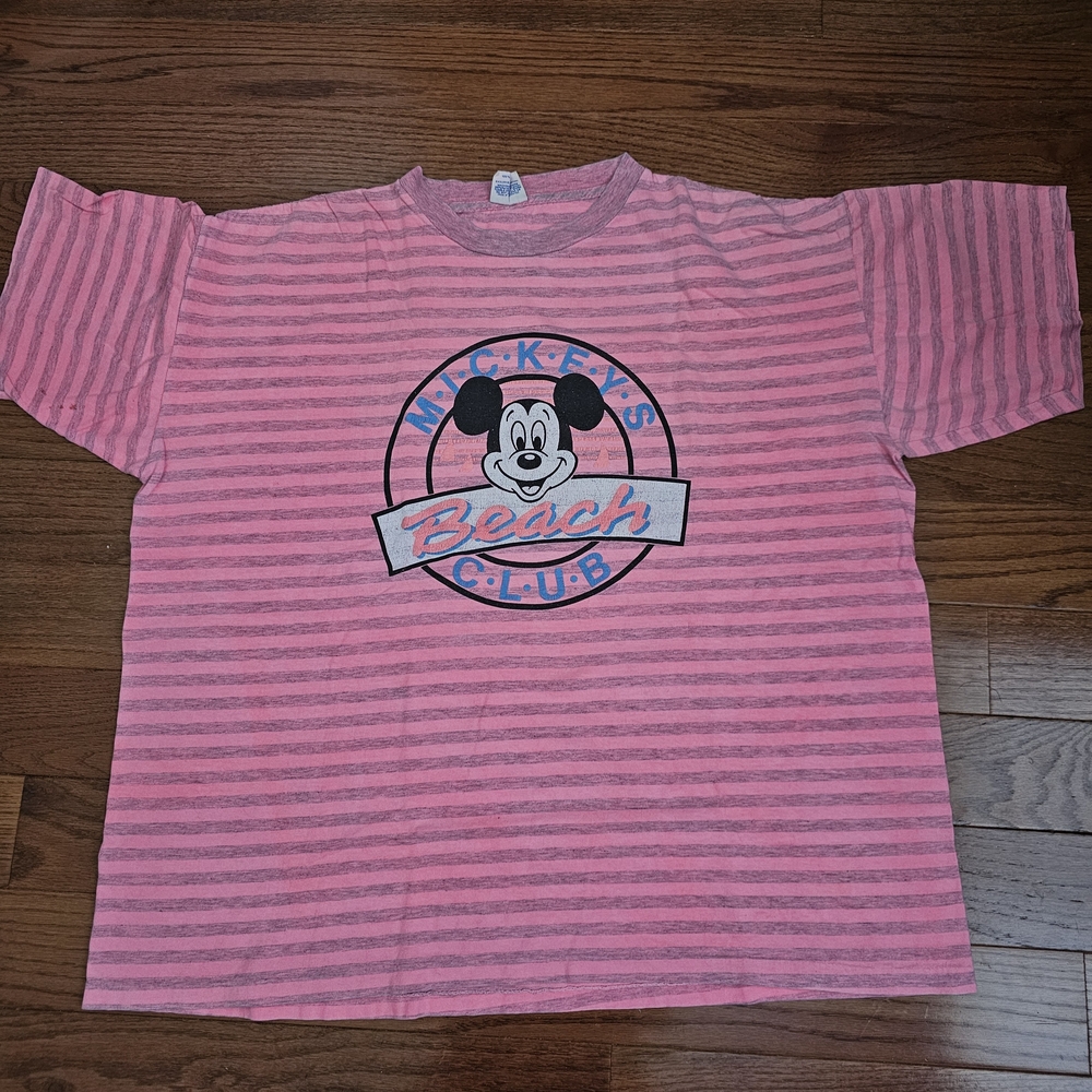 Vintage Disney Pink Striped Mickey Mouse  Beach Club Tee